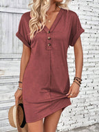 Elegant Button V-Neck Short Sleeve Dress Flattering Casual & Office Wear Simple Dress