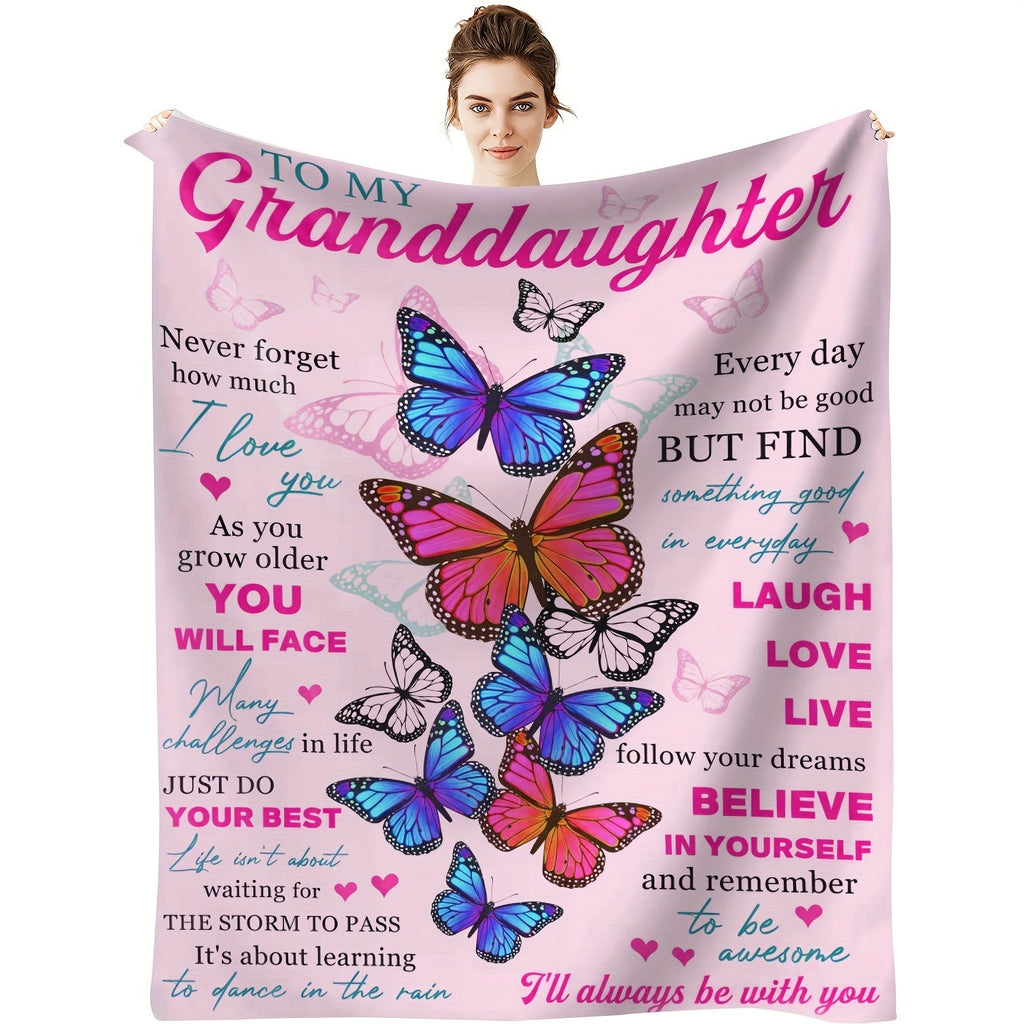 1pc Soft Flannel Butterfly Print Blanket, Warm Cozy Throw for Couch Bed Sofa, To My Granddaughter Lootquake LLC