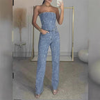 CPSYMYM Rhinestones Denim Vest Jeans Set Women Sexy Slim Sleeveless Strapless Empire Waist Zipper Pocket Pencil Trouser  Summer Purplish Diva