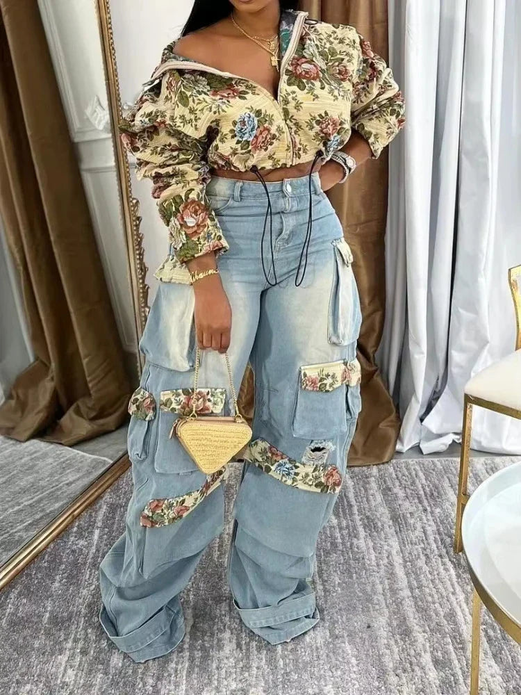 BWQ Washed Denim Women's Set Full Sleeve Floral Jacket and Pockets Cargo Jeans Pants Suit 2025 Street Two 2 Piece Set Outfit Purplish Diva