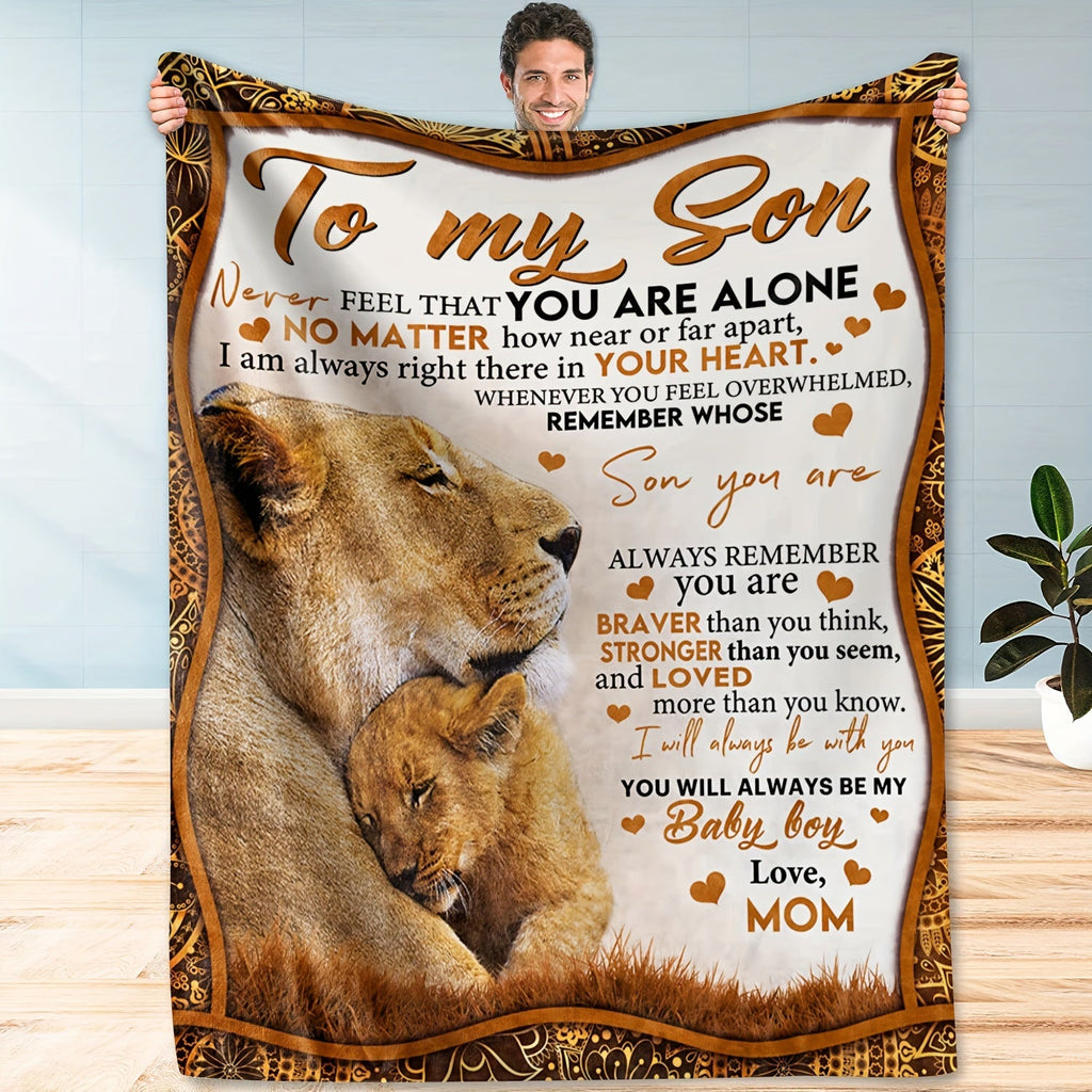 1pc, Flannel Blanket For Son From Mom, Cozy Soft Warm, Charming Lion Design, Sentimental Quote, Ideal Gift, Home Decor Lootquake LLC