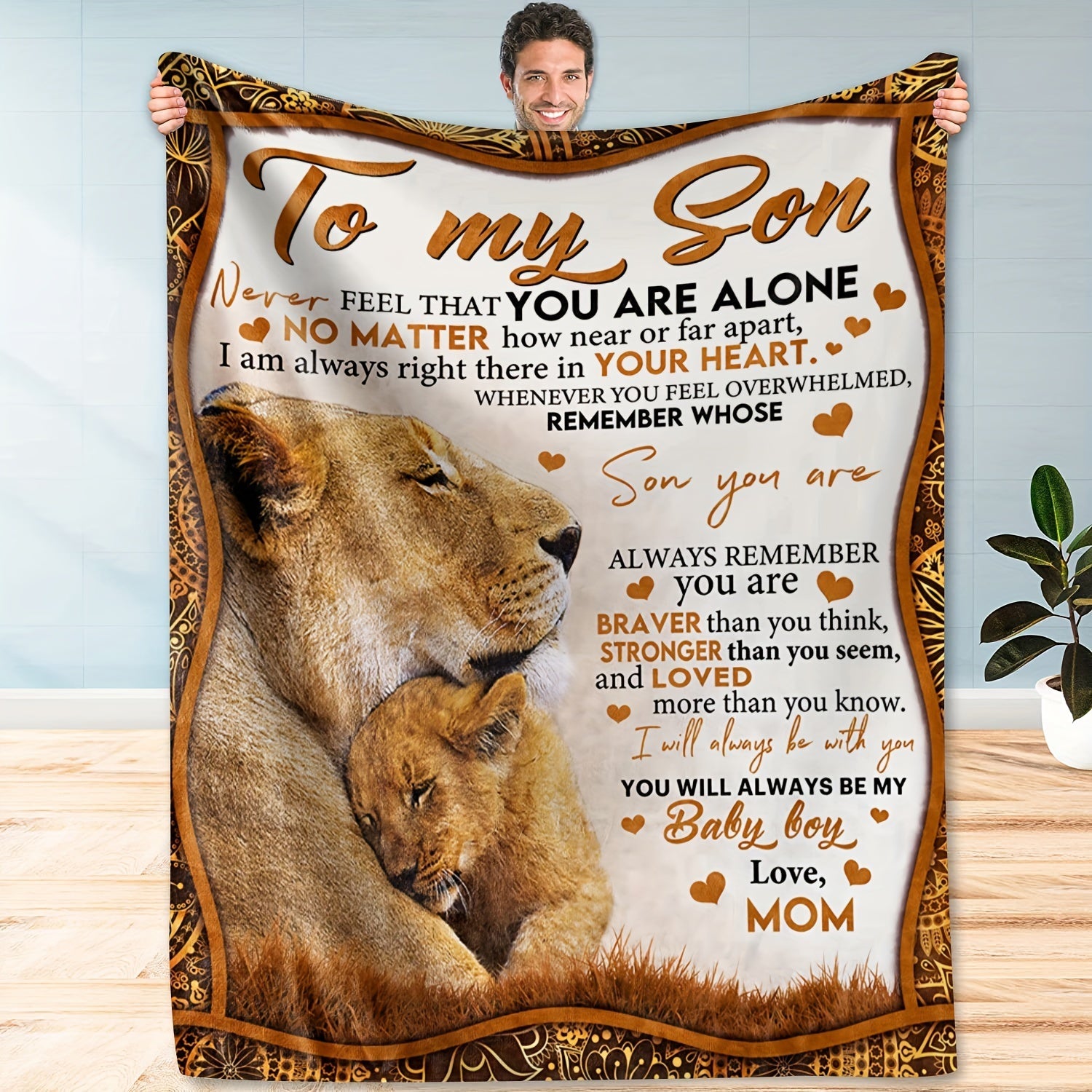 1pc, Flannel Blanket For Son From Mom, Cozy Soft Warm, Charming Lion Design, Sentimental Quote, Ideal Gift, Home Decor Lootquake LLC