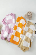Khaki Checkered Bishop Sleeve Sweater