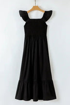 Black V Neck Flutter Sleeve Smocked Bodice High Waist Ruffle Maxi Dress