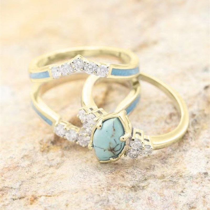 Inlaid Green Stone Ring Set Pi-Mart