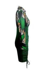 Women's Printed Waist Cinching Drawstring Pleated Hip Hugging Dress - SJB-DIAMOND ELITES