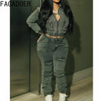 FAGADOER Fashion Denim Two Piece Set for Women Y2k Streetwear Lapel Zip Crop Jacket And Cargo Pockets Stretchy Jeans Outfits Purplish Diva