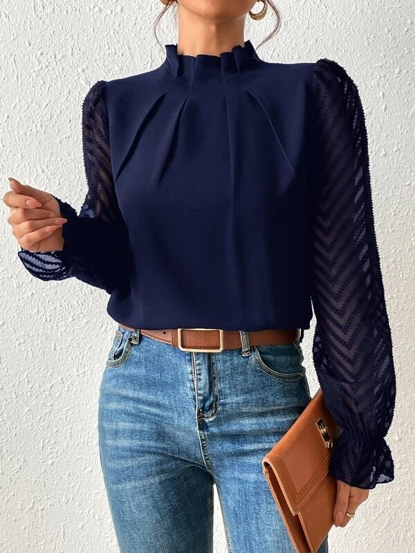 Women's Half-turtleneck Stitching Wavy Chiffon Long-sleeved Top Pi-Mart