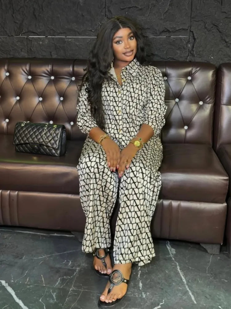 Joskaa Print 2 Piece Sets Women Hipster Lapel Full Sleeve Oversized Blouse and Wide Leg Pants Matching 2025 Y2K Streetwear Purplish Diva