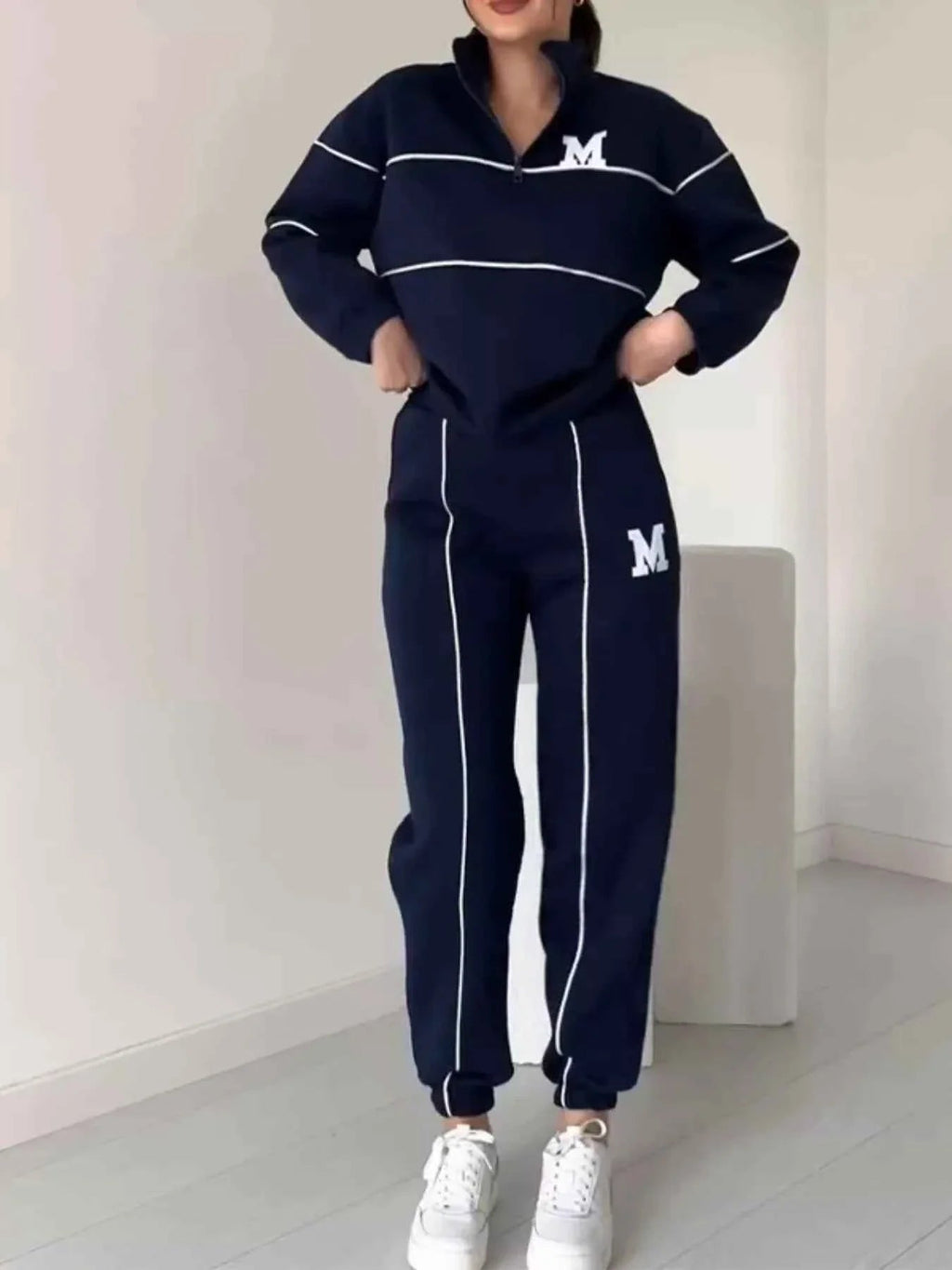 Full Size Striped Quarter Zip Top and Pants Set Plus Size THRIXINE