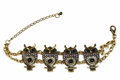 Handmade Gold Tone Owl Bracelet With Colorful Bead Drops