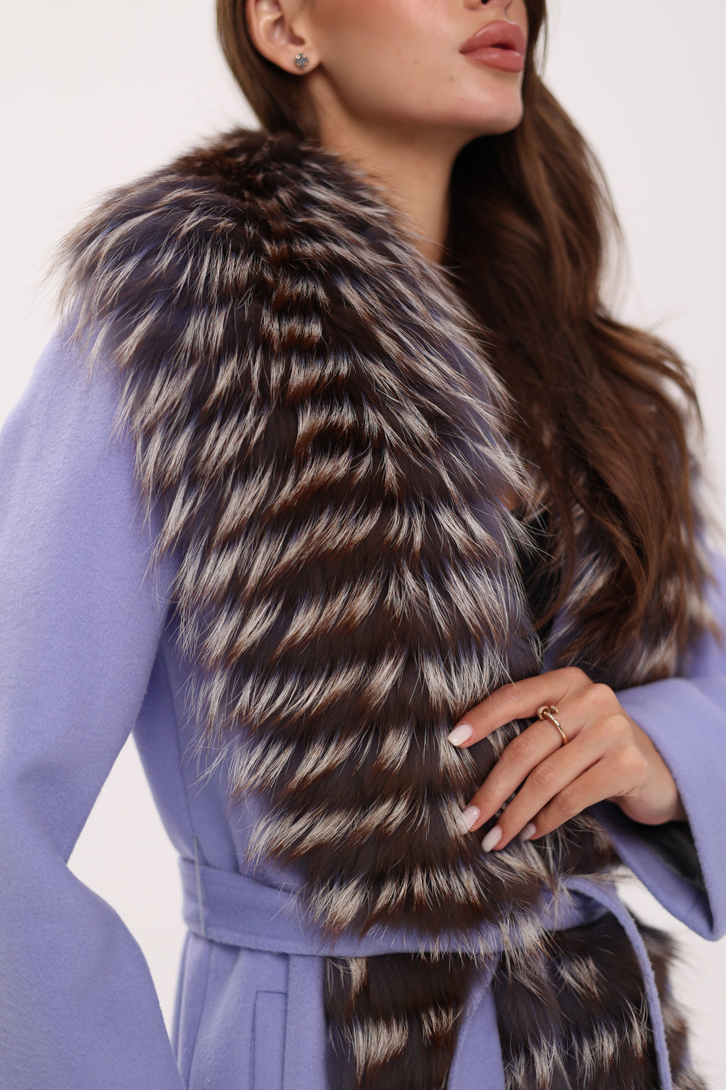 Genuine Silver Fox Virgin Wool Wrap Coat in Lavender - SJB-DIAMOND ELITES