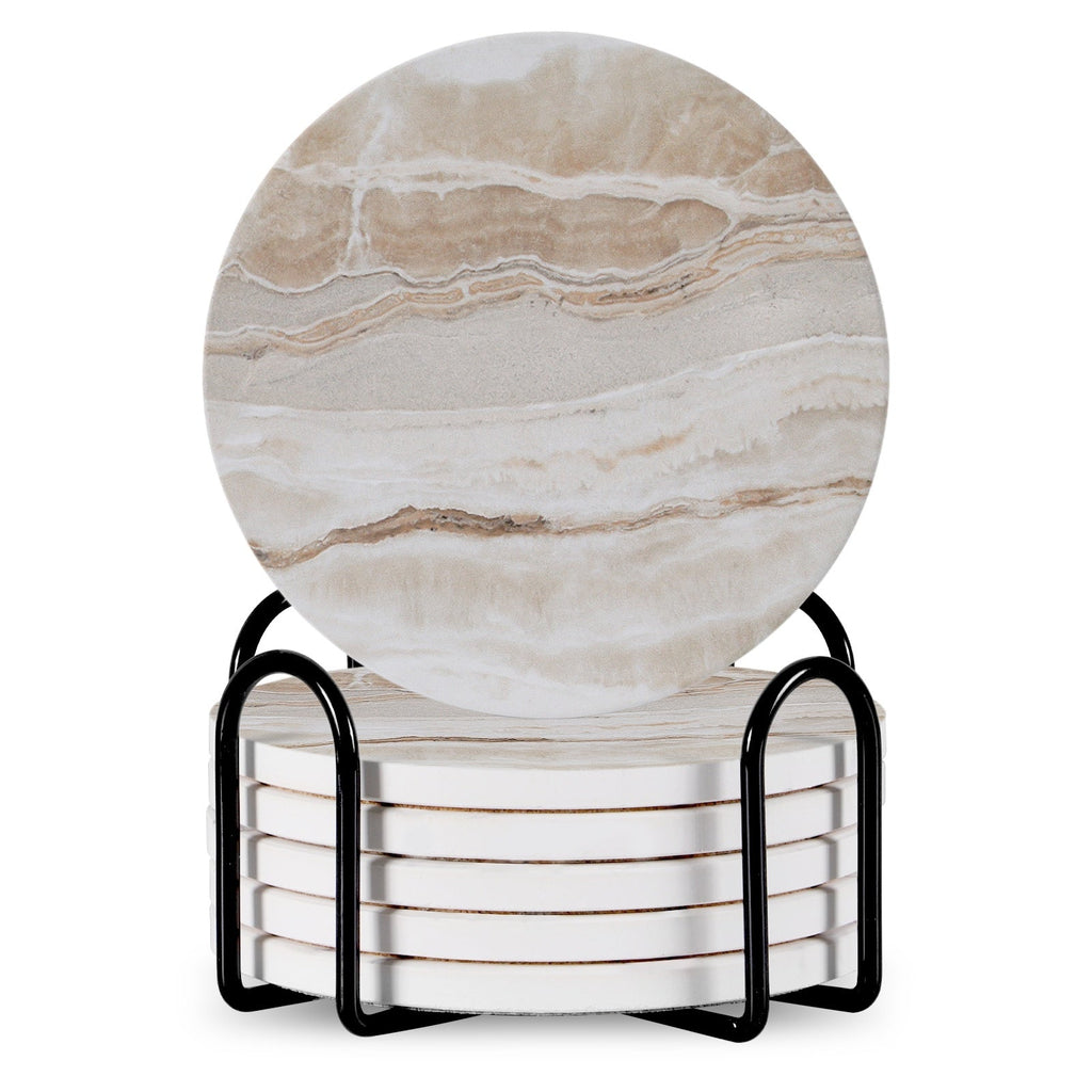 Set Of 6 Beverage Coasters With Stand Round 4in Ceramic Coaster With Metal Stand Absorbent Marble Stone Coaster With Cork Base Pi-Mart