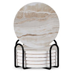 Set Of 6 Beverage Coasters With Stand Round 4in Ceramic Coaster With Metal Stand Absorbent Marble Stone Coaster With Cork Base Pi-Mart