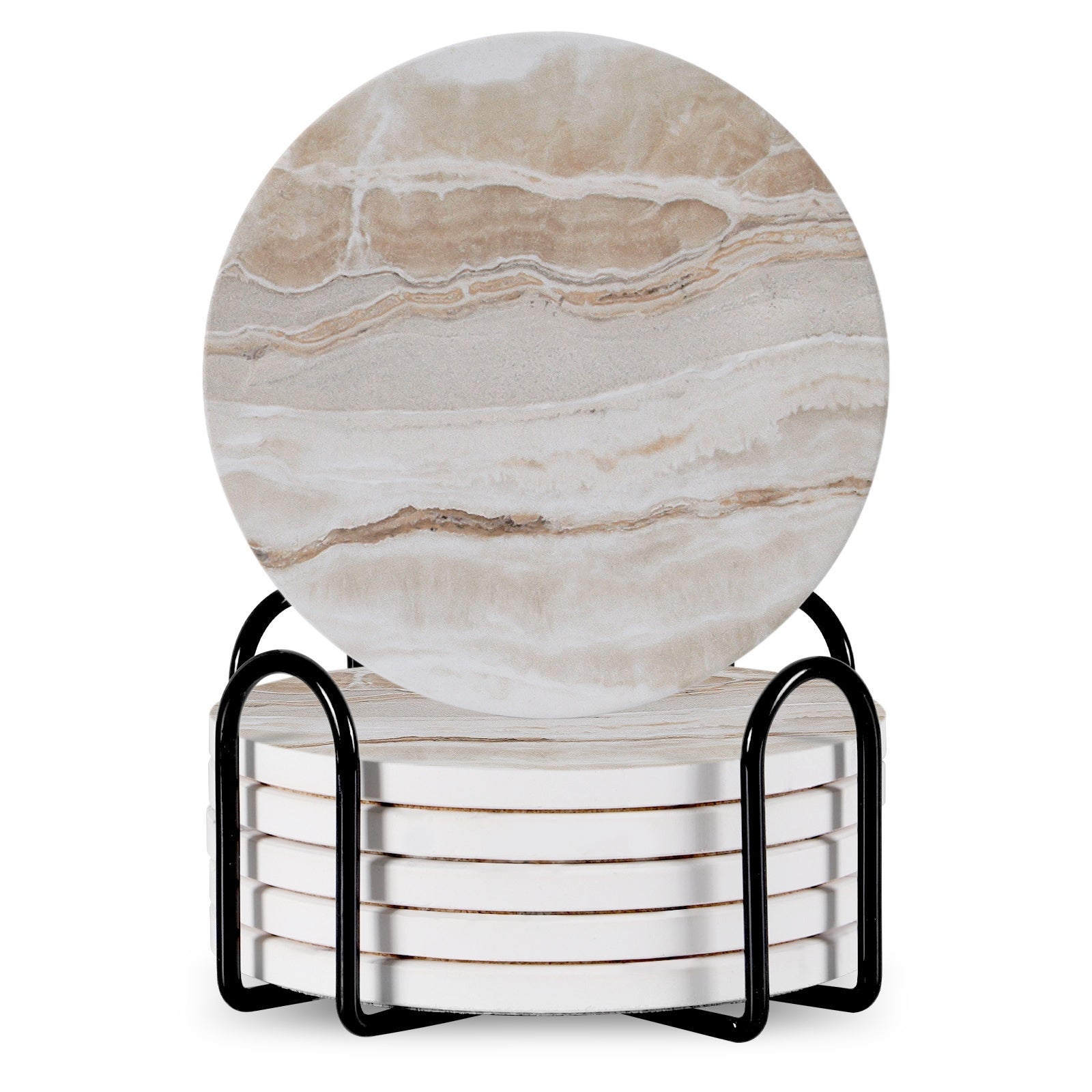Set Of 6 Beverage Coasters With Stand Round 4in Ceramic Coaster With Metal Stand Absorbent Marble Stone Coaster With Cork Base Pi-Mart