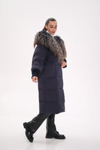 Rei Genuine Fur Trim Hooded Down Coat in Navy - SJB-DIAMOND ELITES