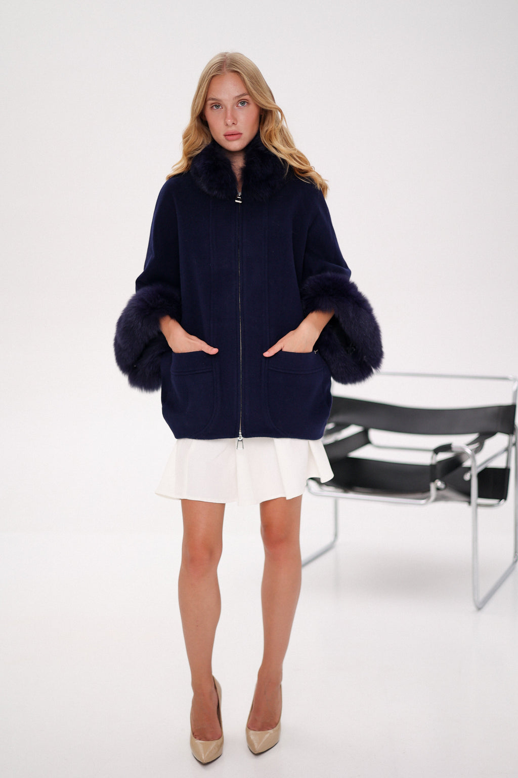 Genuine Polar Fox Fur Cashmere Blend Poncho in True Navy - SJB-DIAMOND ELITES