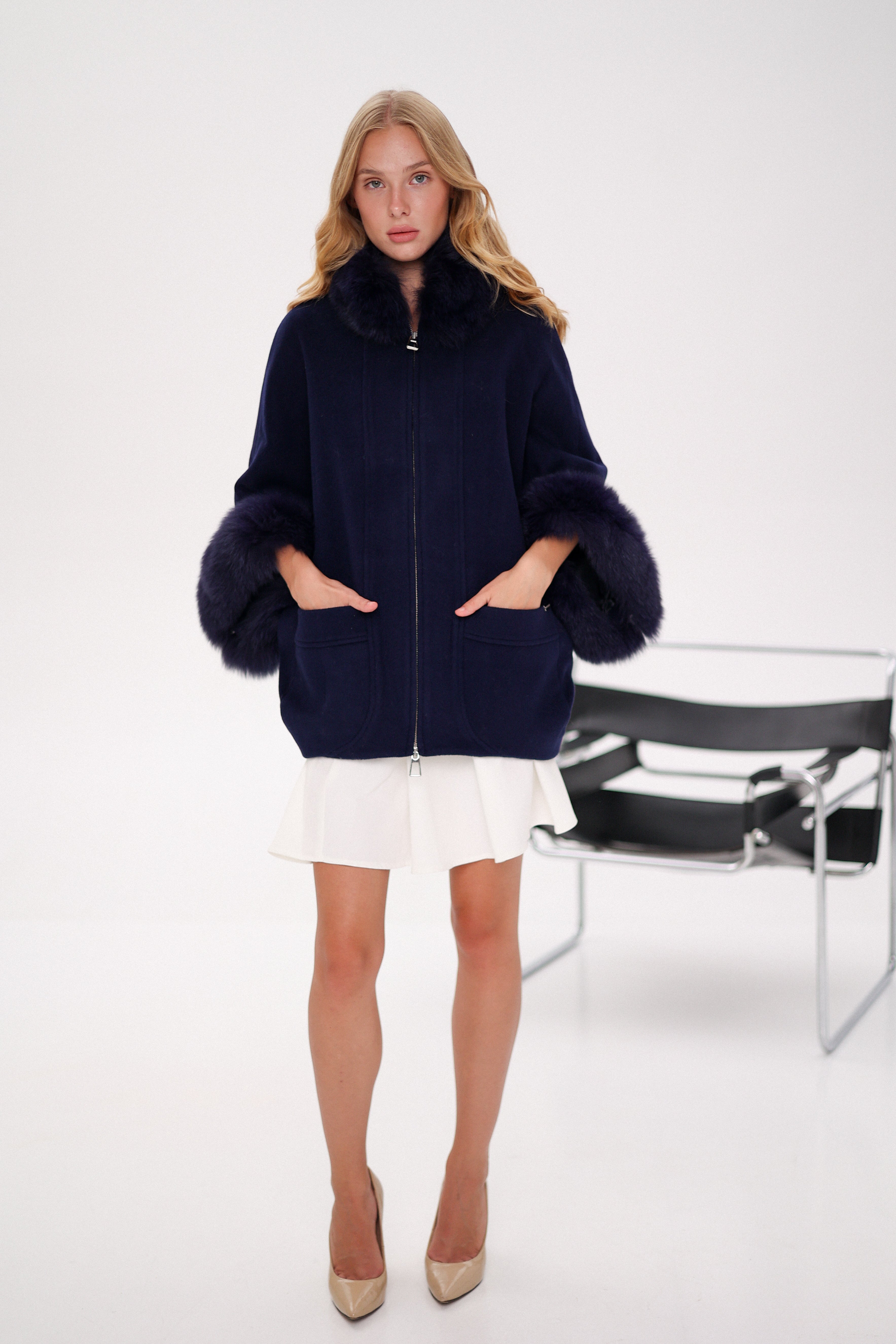 Genuine Polar Fox Fur Cashmere Blend Poncho in True Navy - SJB-DIAMOND ELITES