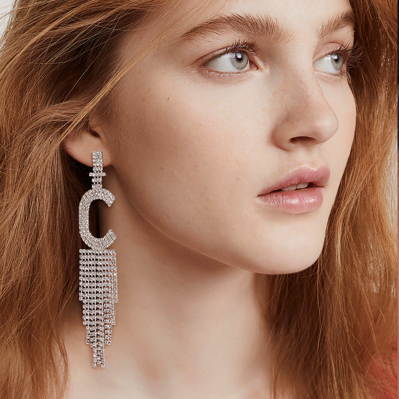 Fashion Jewelry 925 Silver Needle Ornaments Rhinestone Letter B Earrings Banquet Tassel Ear Ornaments Female Pi-Mart