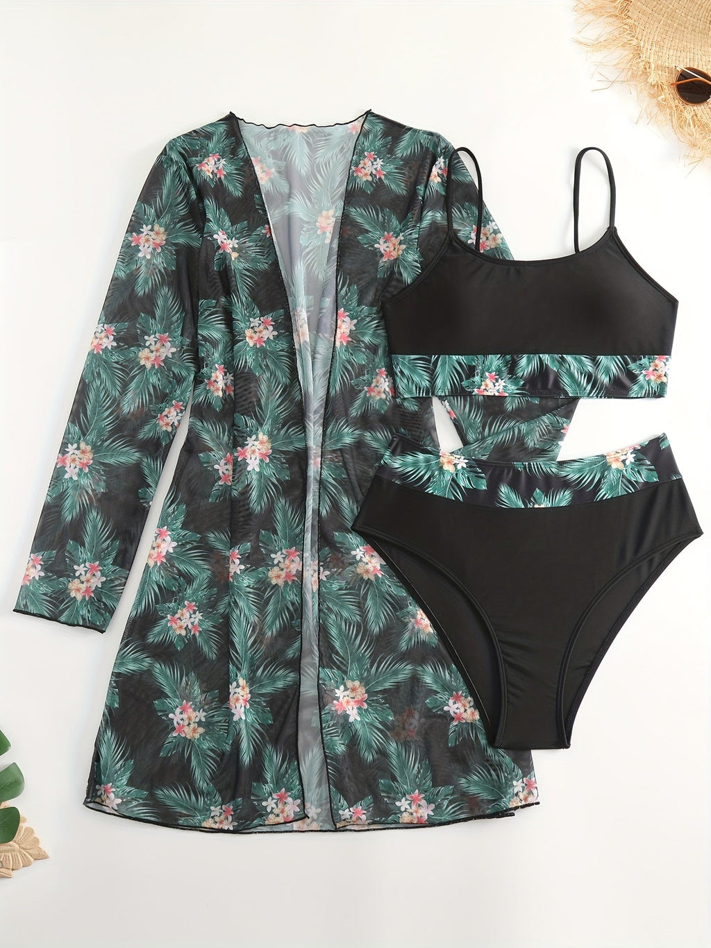 Bikini 3 Piece Tropical Print Swimsuit Set – High Stretch Comfortable Women's Bikini with Crew Neck Mesh Cover-Up – Chic Vacation Beachwear for Summer Casual Style & Poolside Glamour Stevvex