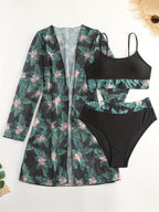 Bikini 3 Piece Tropical Print Swimsuit Set – High Stretch Comfortable Women's Bikini with Crew Neck Mesh Cover-Up – Chic Vacation Beachwear for Summer Casual Style & Poolside Glamour Stevvex