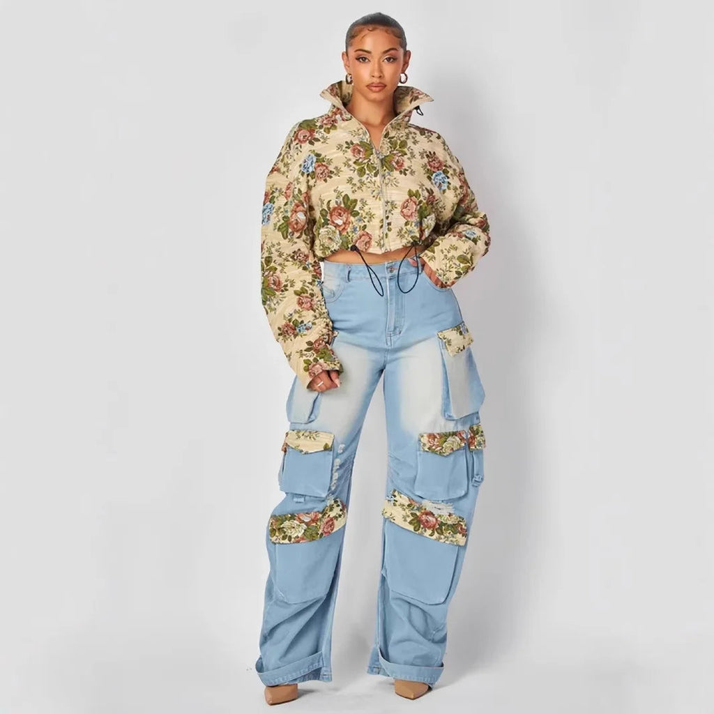 Women Tracksuit Pant Sets Zipper Cardigan Tops Print Zipper Fly Straight Ankle Length Denim Pants Jean Loose Matching Sets Y2k Purplish Diva