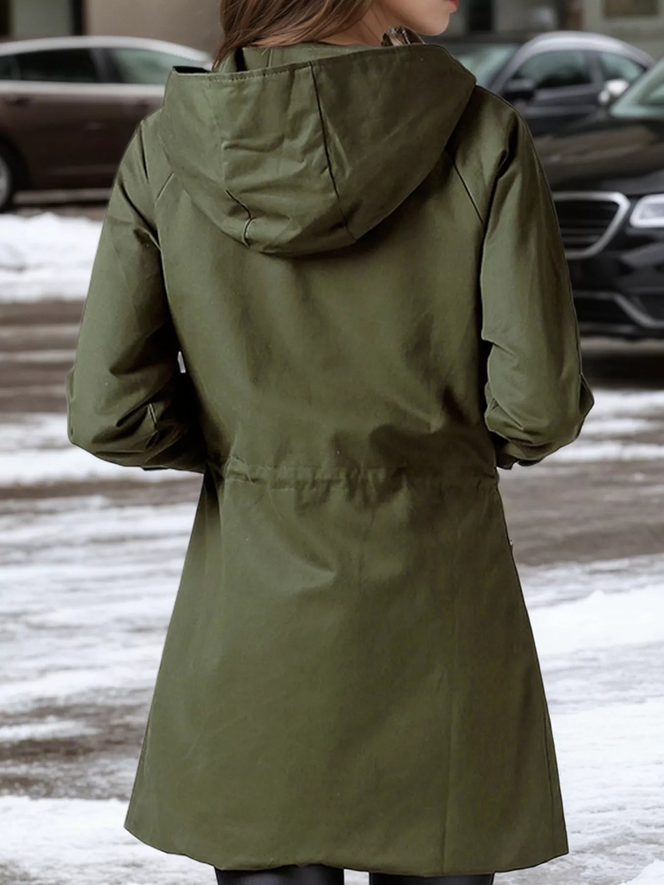 Plus Size Hooded Drawstring Waist Trench Coat THRIXINE
