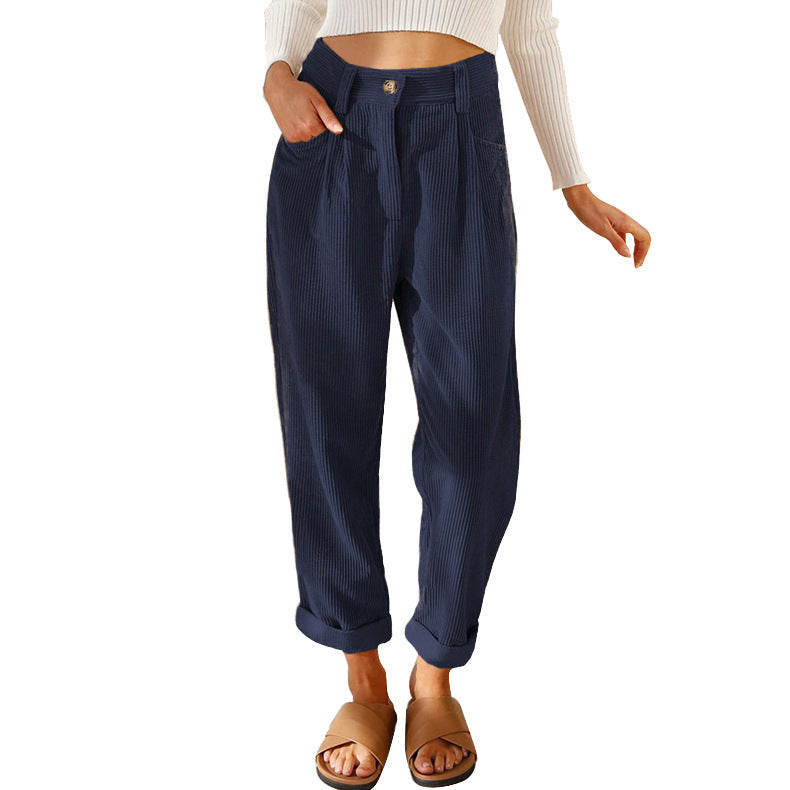 Women's High Waist Pure Color Corduroy Casual Pants Pi-Mart