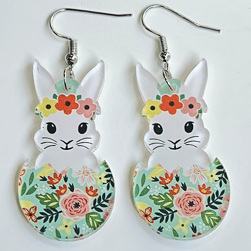 Easter Rabbit Flower Basket Cute Printed Egg Chick Spring Floral Earrings Pi-Mart