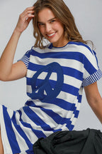 Peace Applique Striped Short Sleeve Mini Dress – Fun Peace Sign Detail, Striped Pattern, High-Low Design for a Trendy and Versatile Look Stevvex
