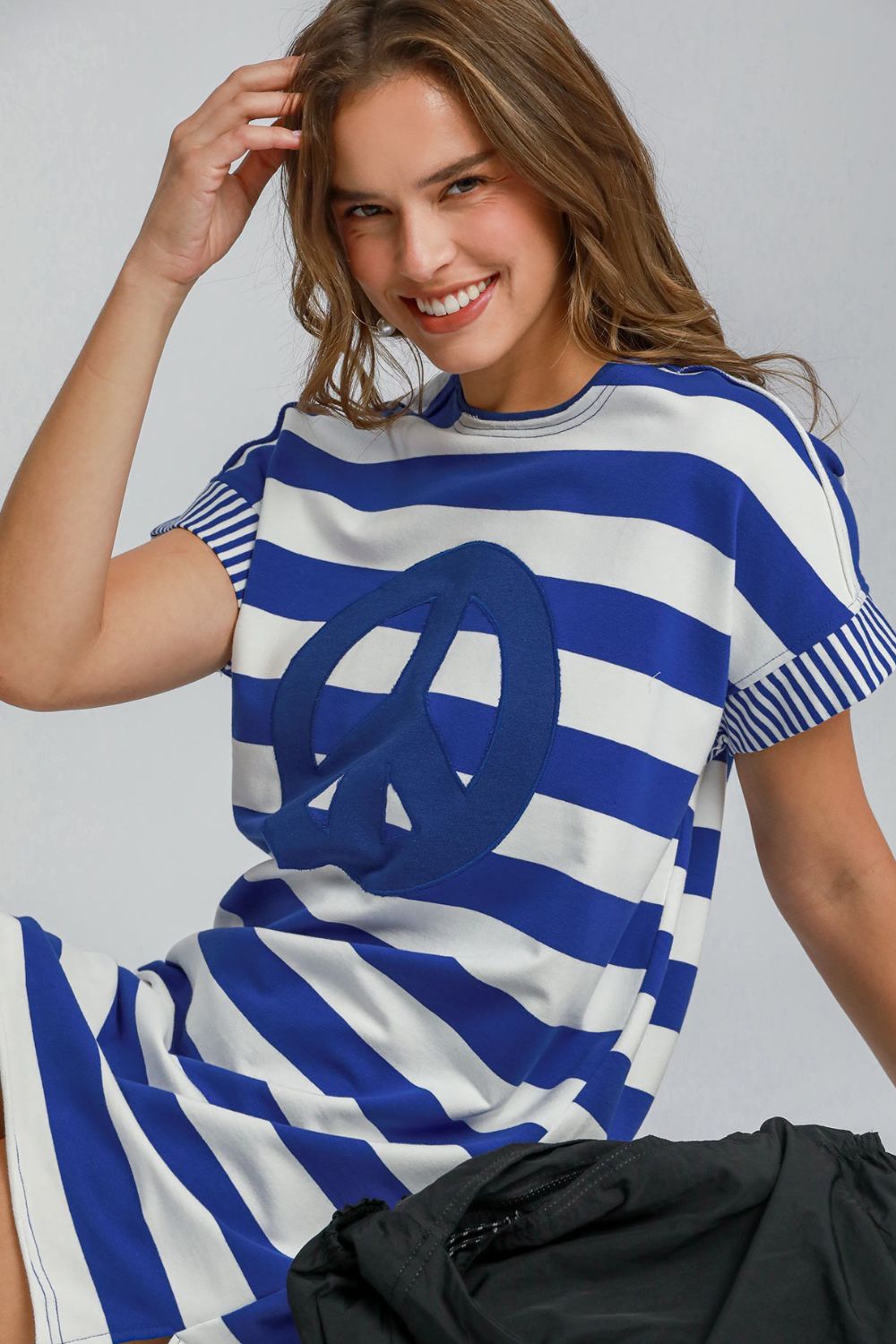Peace Applique Striped Short Sleeve Mini Dress – Fun Peace Sign Detail, Striped Pattern, High-Low Design for a Trendy and Versatile Look Stevvex
