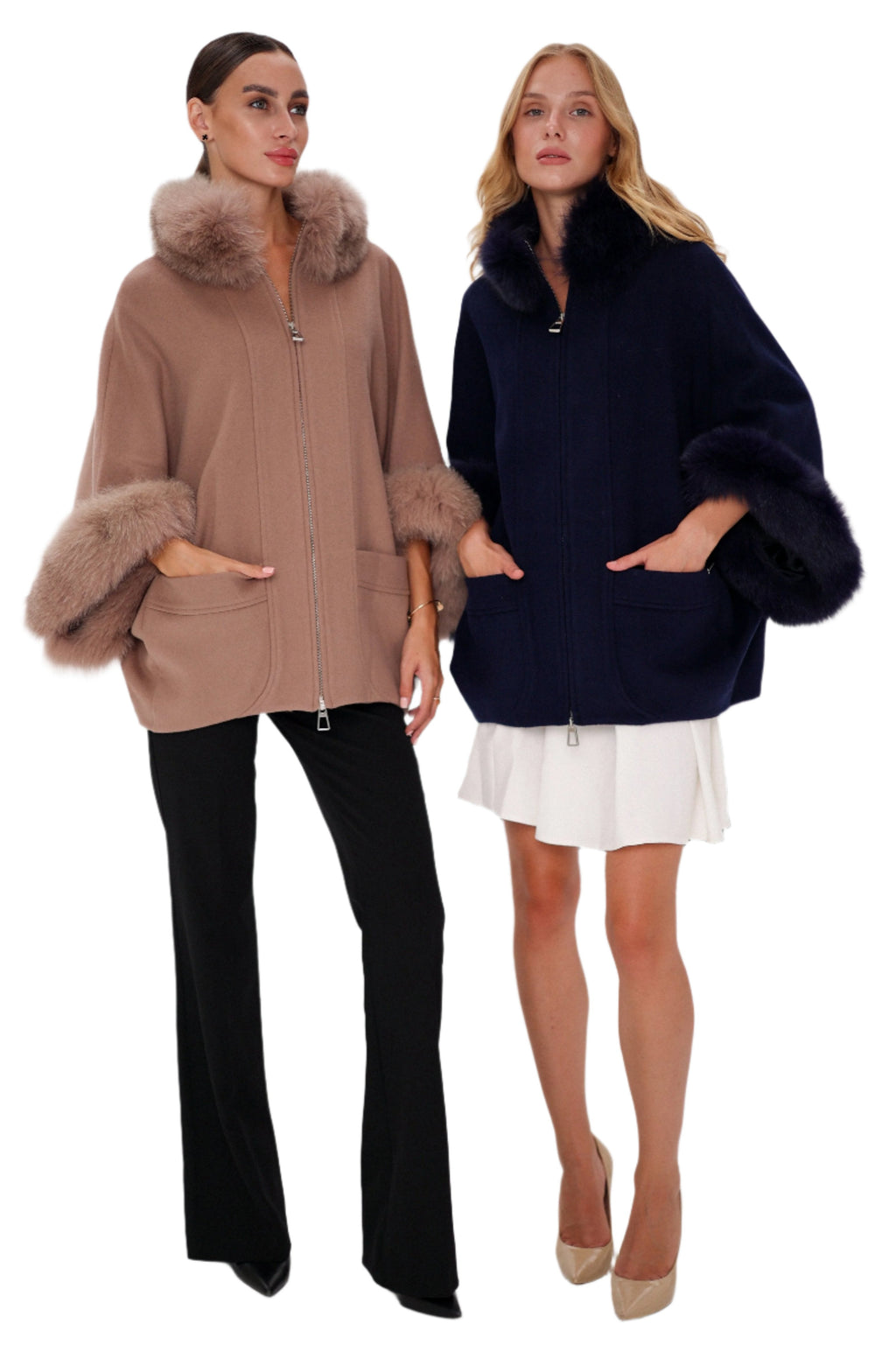 Genuine Polar Fox Fur Cashmere Blend Poncho in True Navy - SJB-DIAMOND ELITES
