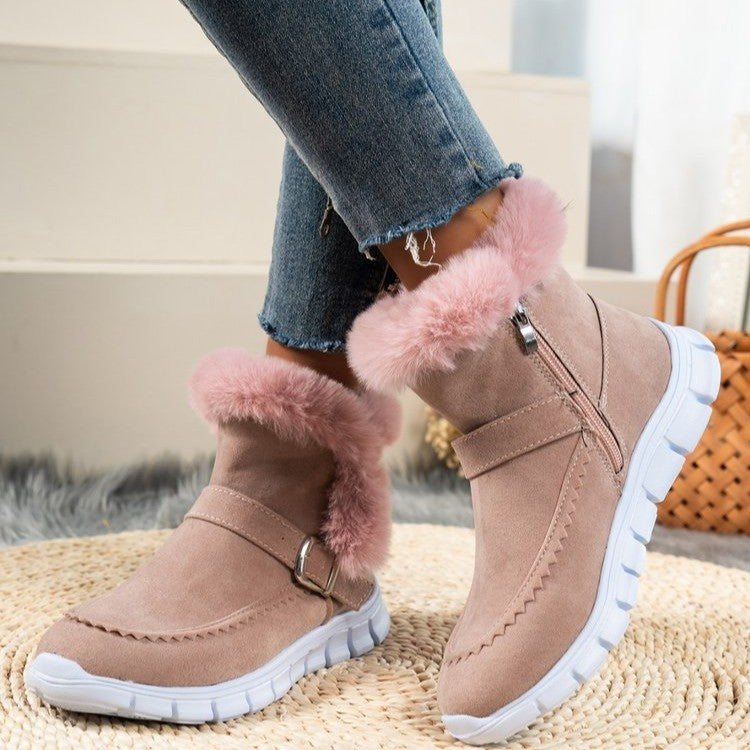 New Snow Boots Winter Warm Thickened Solid Color Plush Ankle Boots With Buckle Design Plus Velvet Flat Shoes For Women Pi-Mart