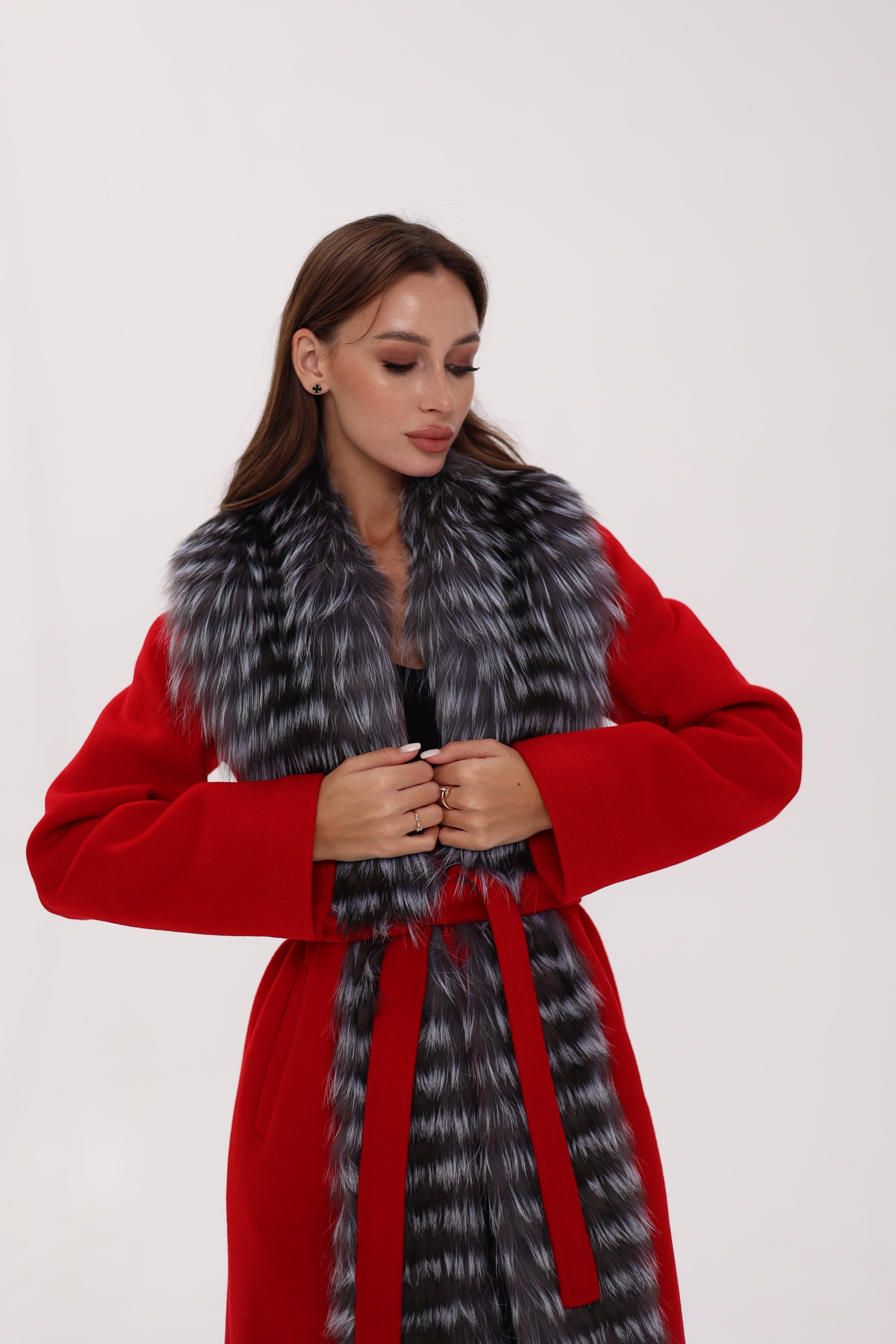 Genuine Silver Fox Virgin Wool Wrap Coat in Red - SJB-DIAMOND ELITES