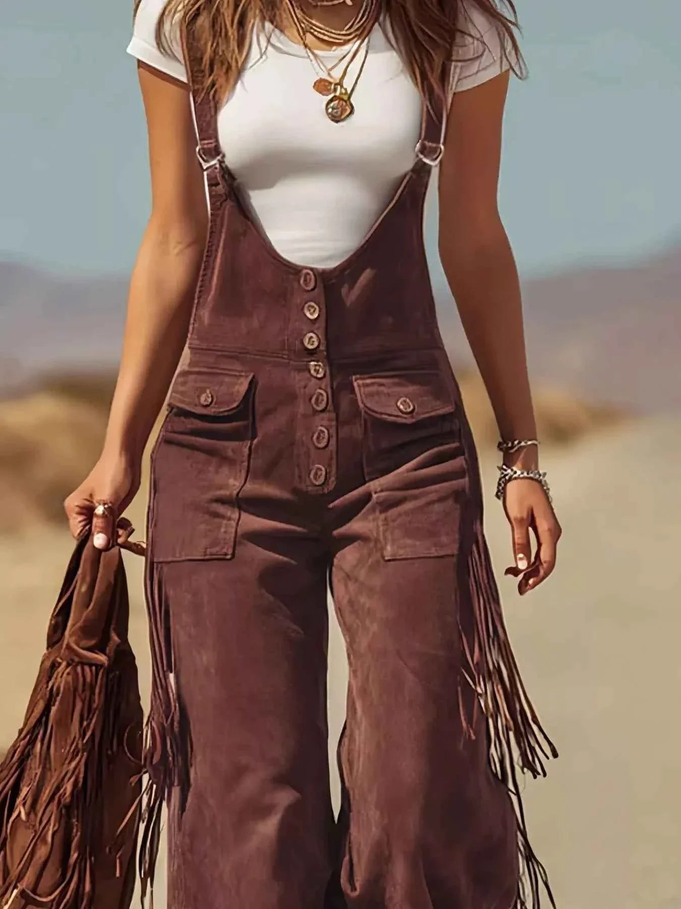 Fringe Corduroy Button Front Overalls THRIXINE
