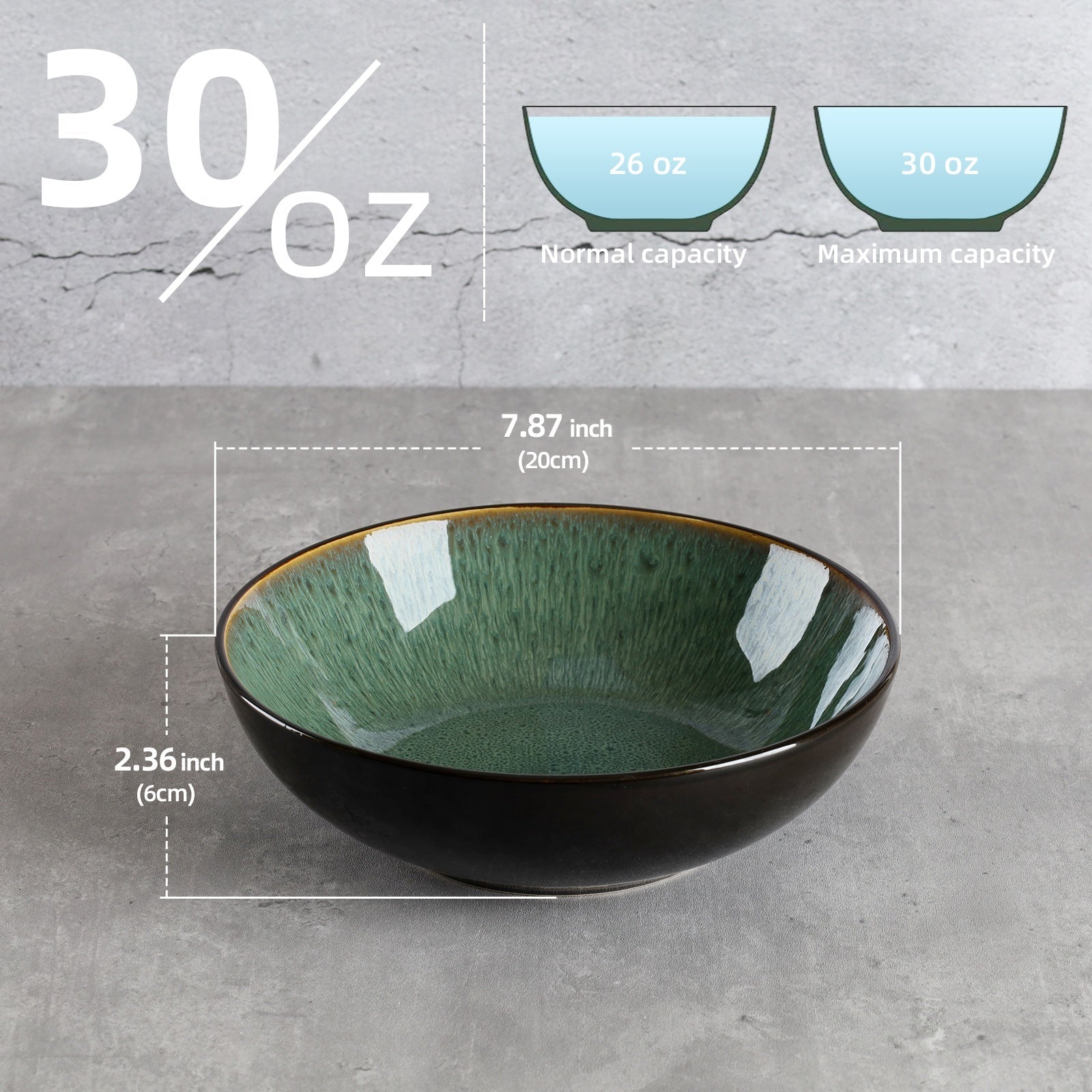 Creative Western  Kiln Change Peacock Green Bowl 30oz Bowl Set Of 4 For Cereal, Salad, Pasta, Soup, Dessert, Serving Dishwasher, Microwave And Oven Pi-Mart