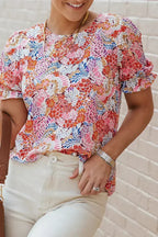 Floral Bubble Sleeve Blouse - Multicolor Print Top | Femstylo