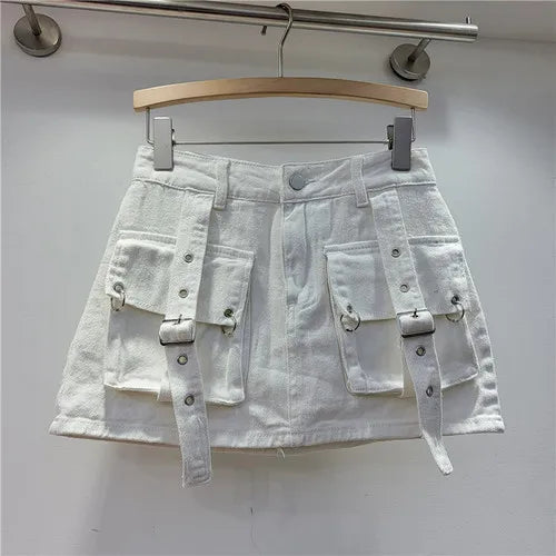 Retro Pink Large Pocket Denim Suit Spring Summer Sleeveless Short Vest High Waist Hip Wrapped Skirt 2 Pieces Sets Women Outfits Purplish Diva