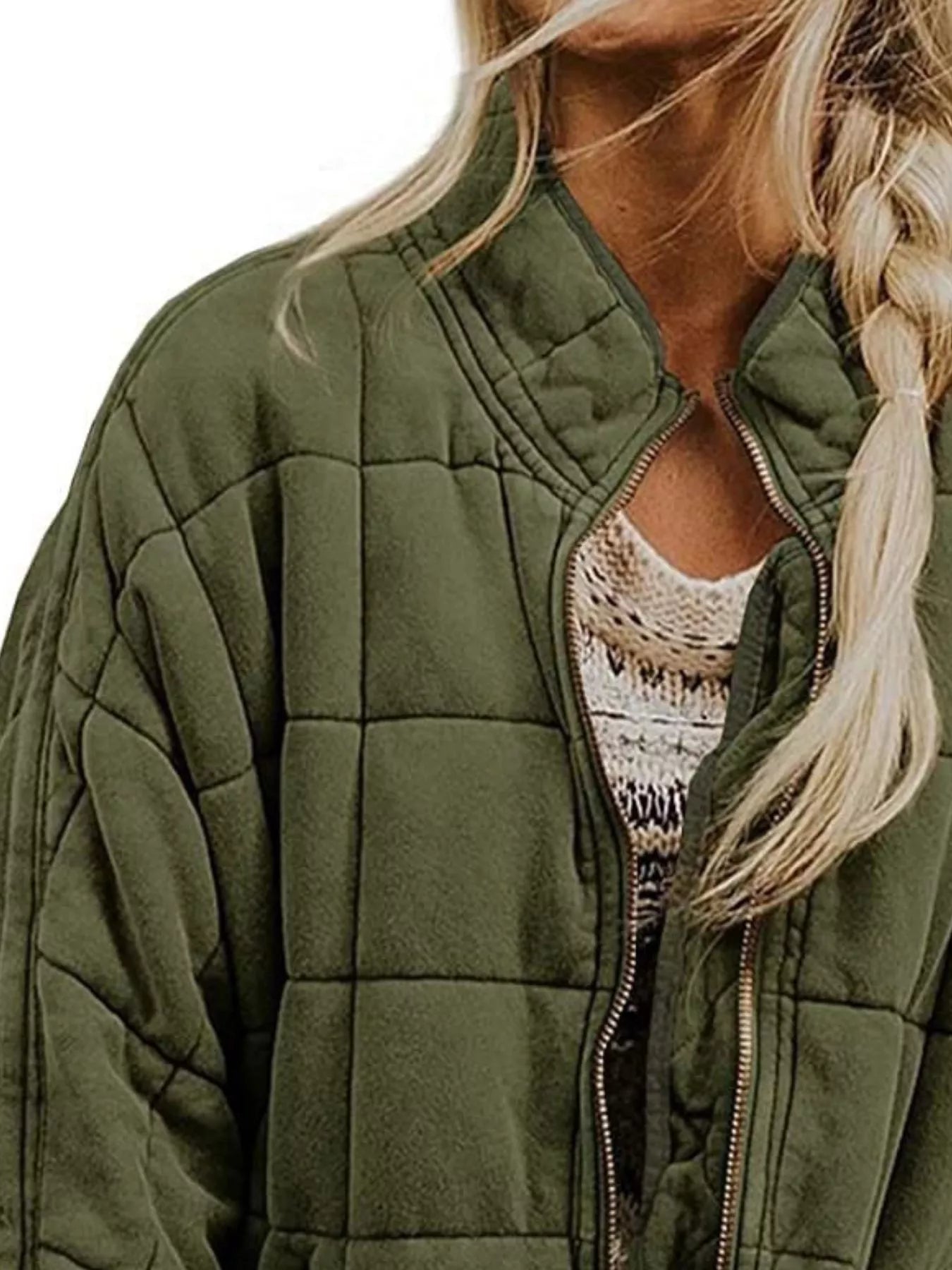 Full Size Zip Up Quilted Bomber Jacket Plus Size