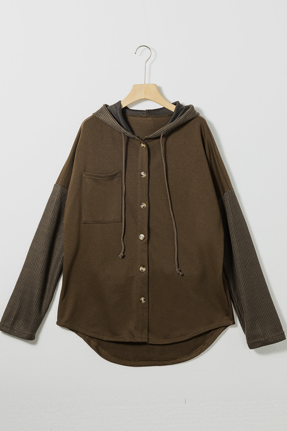 Dark Brown Button Up Contrast Knitted Sleeves Hooded Jacket Lootquake LLC
