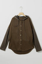 Dark Brown Button Up Contrast Knitted Sleeves Hooded Jacket Lootquake LLC