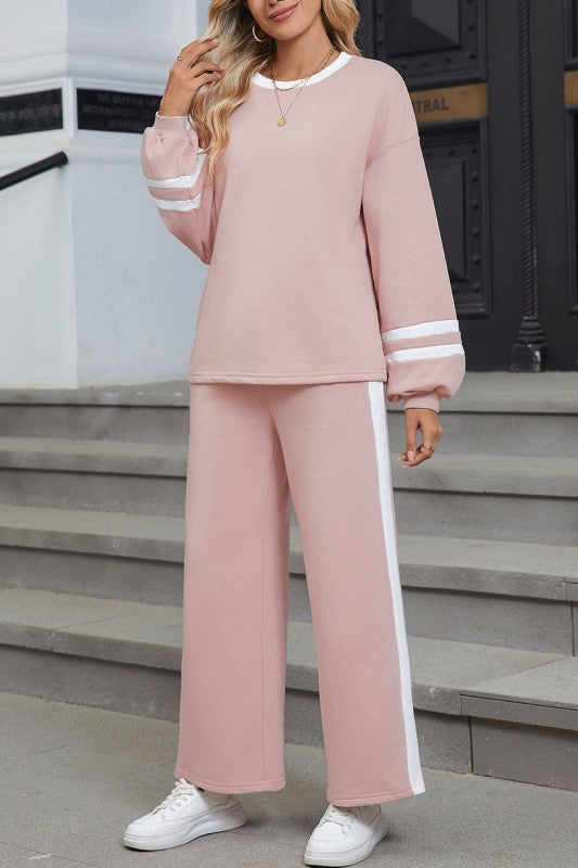 Varsity Stripe Pullover and Drawstring Pant Set THRIXINE