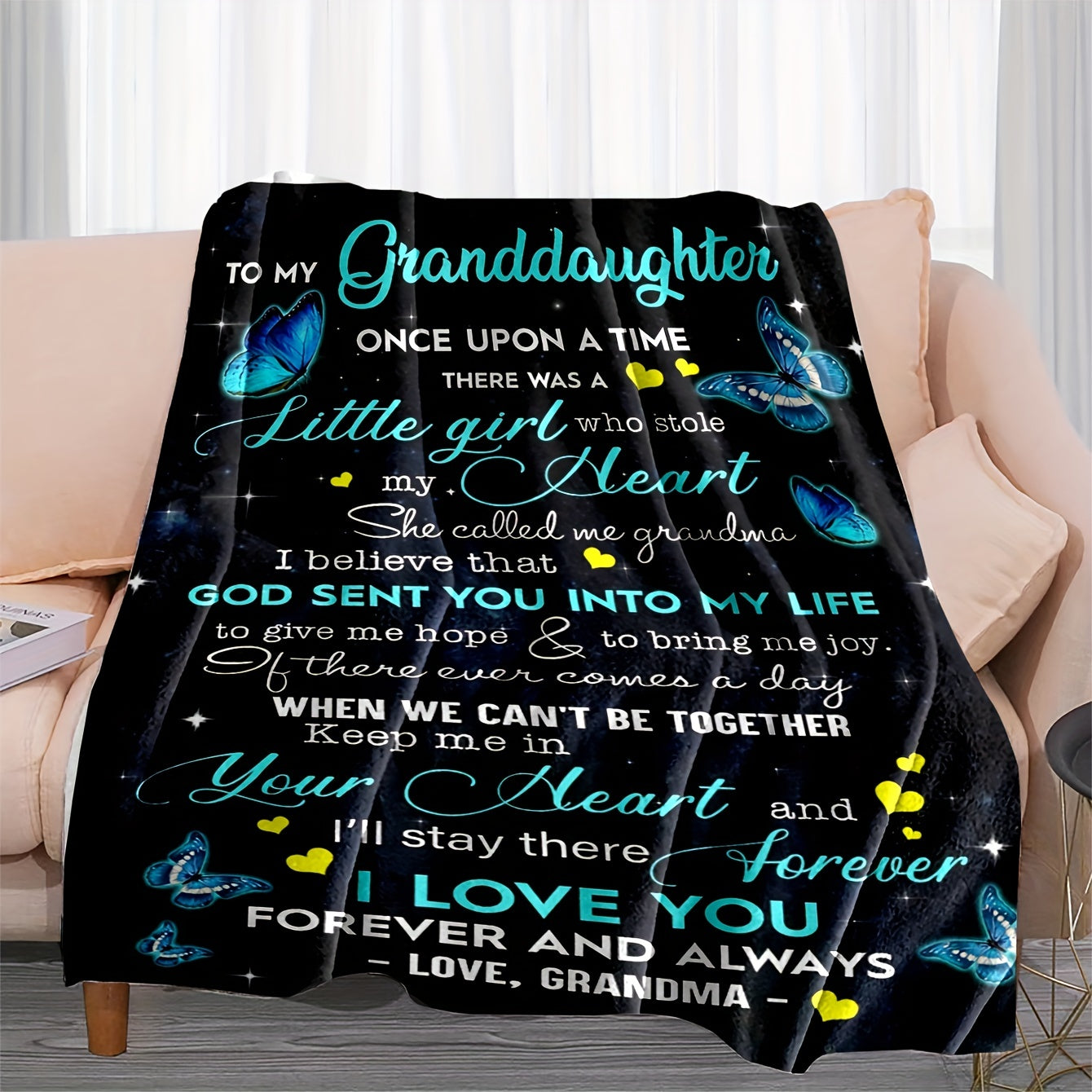 1pc Soft Flannel Butterfly Pattern Envelope Printed Blanket, To My Granddaughter From Grandma Throw Blanket for Couch Bed Sofa Office Car Camping, One For All Seasons