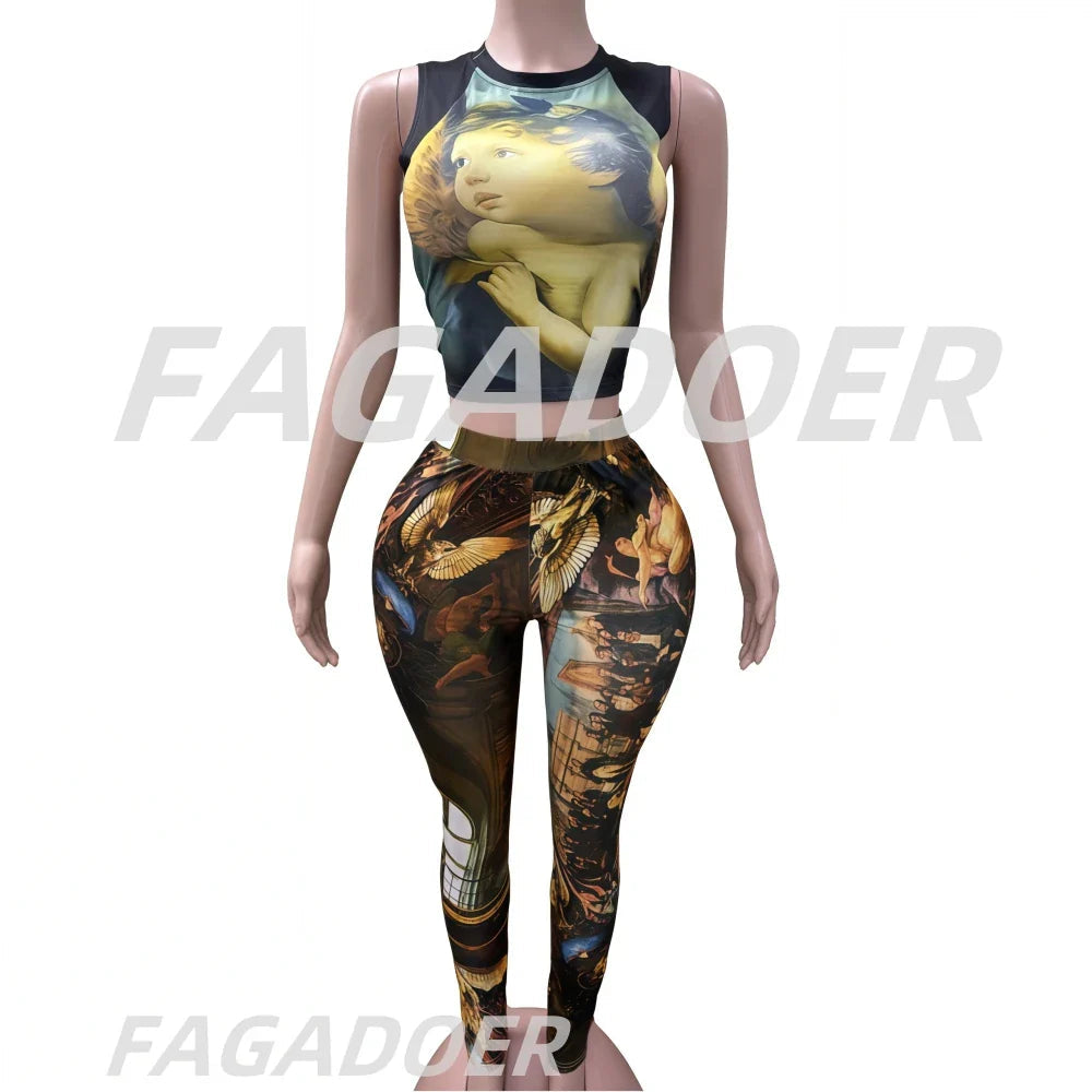 FAGADOER Fashion Print 2 Piece Sets Woman Outfit Oil Painting Sleeveless Crop Top And Pants Female Streetwear Summer Spring New Purplish Diva