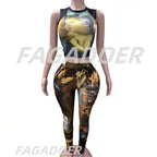FAGADOER Fashion Print 2 Piece Sets Woman Outfit Oil Painting Sleeveless Crop Top And Pants Female Streetwear Summer Spring New Purplish Diva