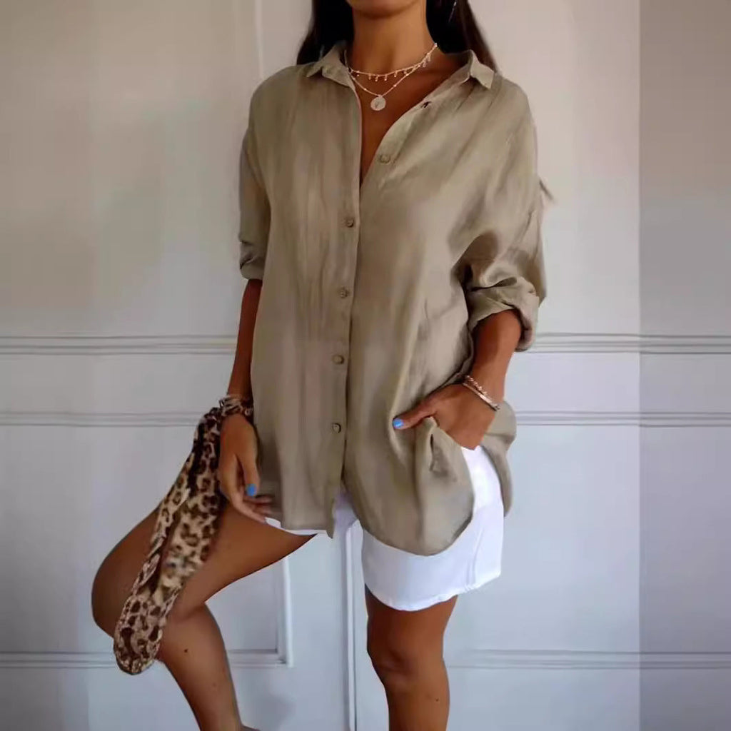 Lapel Long Sleeve Shirt Women's Single-breasted Pleated Shirt Pi-Mart