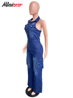 Mlaiscsr Women Clothing Blue Denim One Piece Jumpsuit Halter Backless Sleeveless Straight Jean Overalls Cargo Pants Rompers  New Purplish Diva