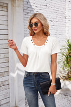 Women's Short-sleeved T-shirt Summer Button Square Collar Pleated Design Solid Color Loose T-shirt Womens Clothing Pi-Mart