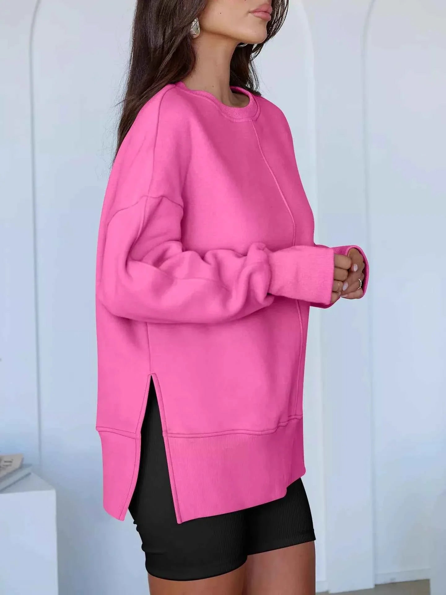 Side Slit Round Neck Long Sleeve Sweatshirt THRIXINE