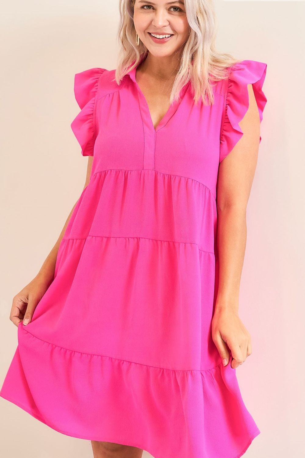 Pink Full Size Ruffle Cap Sleeve Dress Plus Size Elegant & Timeless Classic Design Dress Stevvex